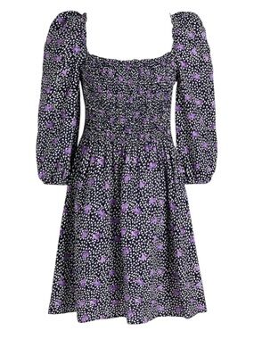 Maje Rappa Puff sleeve Dress Purple Fall Floral Print smocked bodice, 36 (US 6)